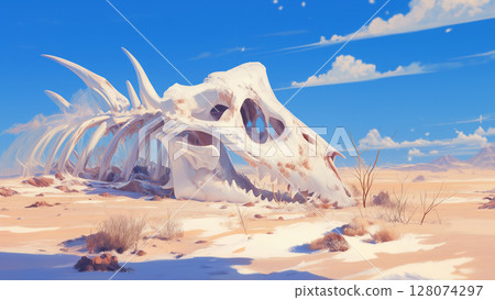 Dried up bones of a giant creature in the winter desert, cartoon style 128074297