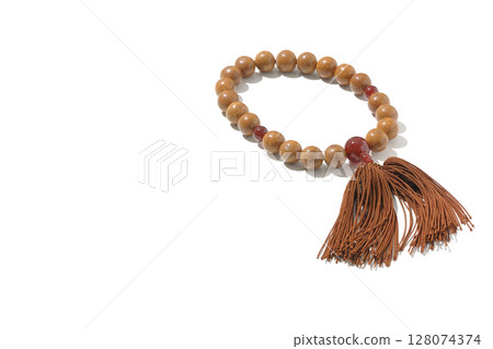 A single shot of prayer beads on a white background 128074374