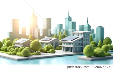 3d render of green city with solar panels on the roof and trees 128074673