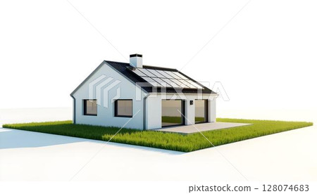 House with solar panels on a white background. 3D rendering 128074683
