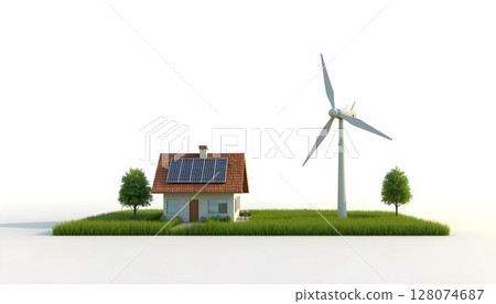 Renewable energy concept with house and windmill on white background Renewable energy concept with house and windmill on white background 128074687
