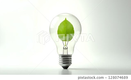 Green eco energy concept. Light bulb with leaf inside. 3D rendering Green eco energy concept. Light bulb with leaf inside. 3D rendering 128074689
