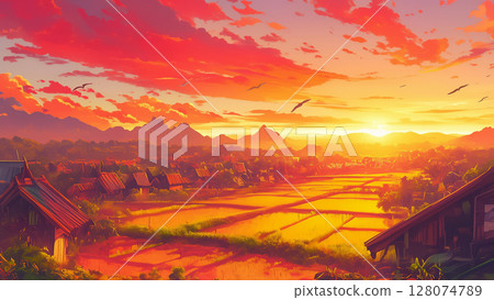 Peaceful rural town scene at sunset, anime style Peaceful rural town scene at sunset, anime style 128074789