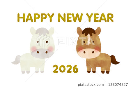 Watercolor style: Pair of horses lined up in a row, zodiac character (2026, Horse) HAPPY NEW YEAR Watercolor style: Pair of horses lined up in a row, zodiac character (2026, Horse) HAPPY NEW YEAR 128074837