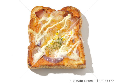 Pizza toast photographed alone on a white background Pizza toast photographed alone on a white background 128075372
