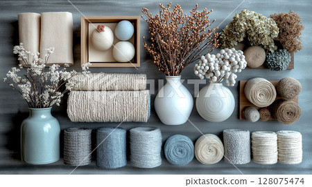 Flat lay Earthy blue grey tone kitchenware tableware Material sample for stylish spa design with vases, ceramic tableware, fabric and towel 128075474