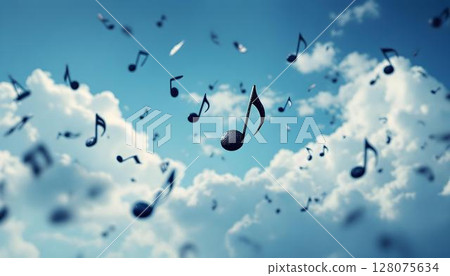 A sky filled with music notes, symbolizing the joy of World Music Day against a bright background A sky filled with music notes, symbolizing the joy of World Music Day against a bright background 128075634