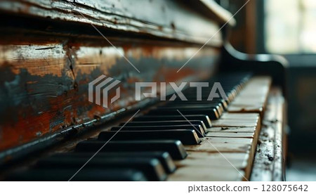 A classic wooden piano, representing World Music Day, is featured against a dynamic and colorful background 128075642