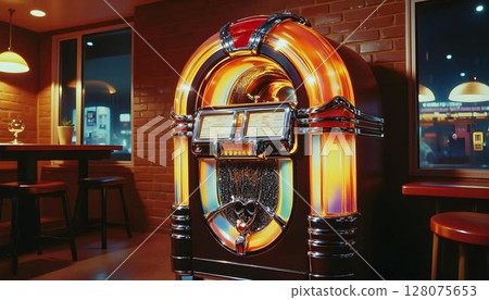 A classic jukebox in a restaurant featuring red brick walls, creating a festive ambiance for World Music Day 128075653