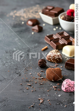 Top view of heart-shaped chocolates in brown and white on dark background 128075680