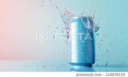 Blue drink tin blank container in water with splashing bubble for mockup promotion product 128076139