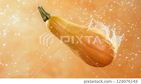 Squash vegetable fresh organic gardening flying in water with bubble Squash vegetable fresh organic gardening flying in water with bubble 128076148