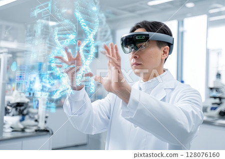 Male scientist wearing an AR headset interacting with a holographic DNA structure. Wearing an AR headset, the scientist studies a 3D DNA model, enhancing his research capabilities. 128076160