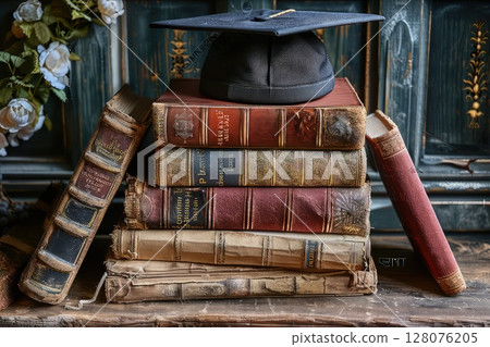 A pile of books with a graduation cap on top, symbolizing academic achievement. Books as the cornerstone of academic excellence. 128076205