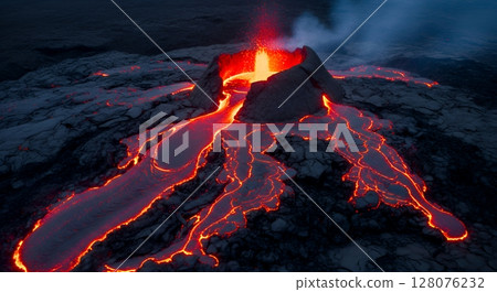 Volcano erupts at night - A spectacular natural phenomenon of lava flow 128076232