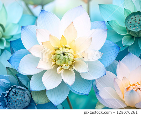 Fantastic background of white lotus flowers and green to blue Fantastic background of white lotus flowers and green to blue 128076261