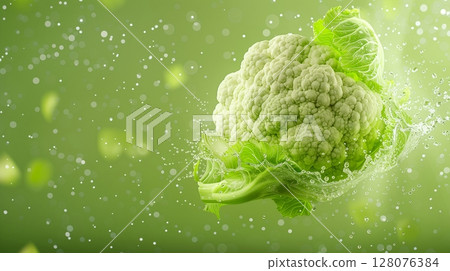 Cauliflower bean vegetable flying in water with bubble natural organic gardening 128076384