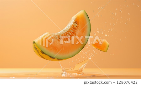 Melon fruit flying in water with bubble, organic botanical gardening real food 128076422