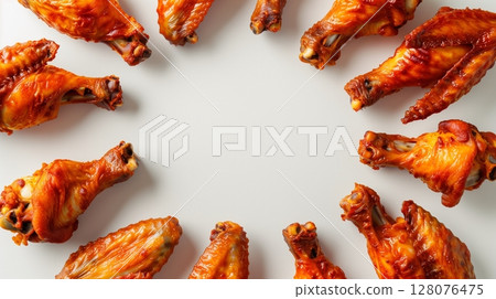Circular arrangement of Chicken wings juicy grill meat copy space solid background 128076475
