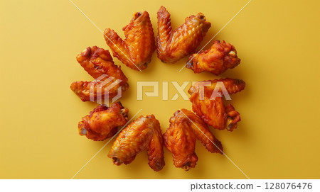Circular arrangement of Chicken wings juicy grill meat copy space solid background 128076476
