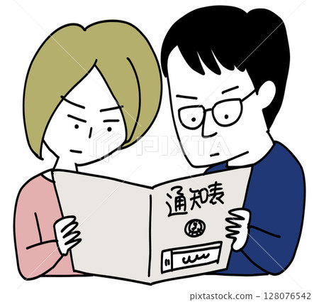 爸爸媽媽看著孩子的成績單 爸爸媽媽看著孩子的成績單 128076542
