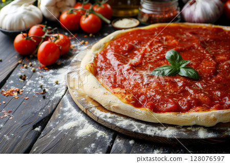 homemade hot delicious food in form of baked pizza with sausage and vegetables, created with generative ai 128076597