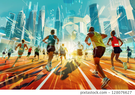 running marathon illustrator background and group of runners for poster .Generative AI 128076627