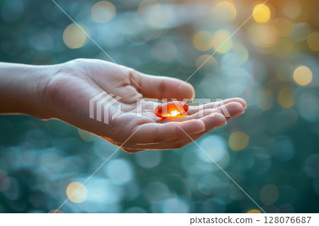 hand woman a Omega 3 oil or Vitamin D capsule tablet, Generative AI. 128076687