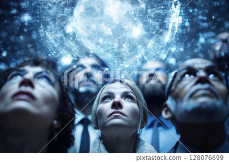 diverse individuals from different continents looking up at a vast, ethereal holographic projection displaying complex data streams and interconnected global symbols. 128076699
