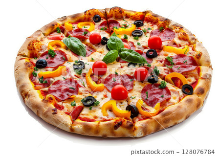 Italian Pepperoni pizza isolated. Illustration AI Generative. Italian Pepperoni pizza isolated. Illustration AI Generative. 128076784