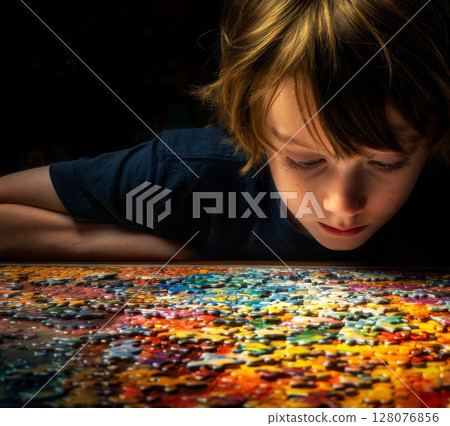 Boy in front of rainbow colored puzzle wall. 128076856