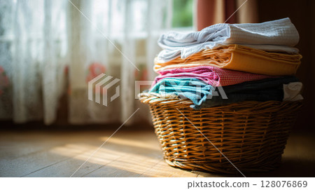 A close-up shot of a wicker basket overflowing with vibrant, neatly stacked clean laundry. The basket sits on a wooden surface, A close-up shot of a wicker basket overflowing with vibrant, neatly stacked clean laundry. The basket sits on a wooden surface, 128076869