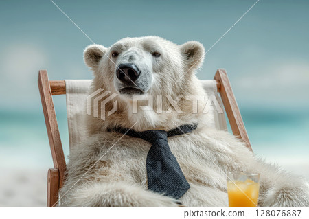 on beach, polar bear character with fresh cold drink in tropical summer vacation. 128076887