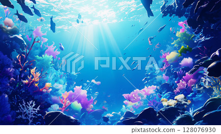 Underwater coral reef scene with glittering lights, anime style Underwater coral reef scene with glittering lights, anime style 128076930