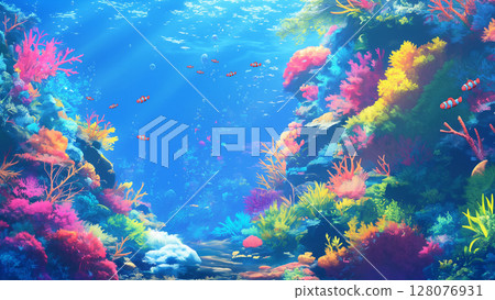 Colorful underwater coral reef landscape, anime style 128076931