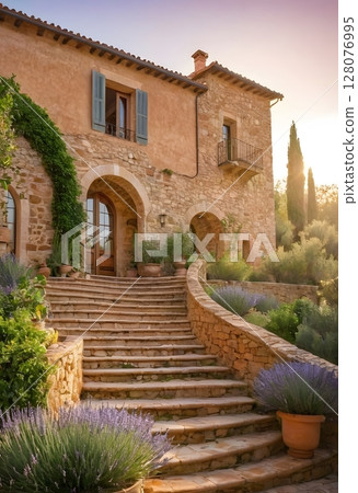 Rustic Tuscan Villa with Stone Steps and Lush Garden at Sunset. for travel magazines, luxury real estate listings, website banners 128076995