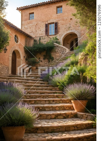 Rustic Tuscan Villa with Stone Steps and Lush Garden at Sunset. for travel magazines, luxury real estate listings, website banners 128076996