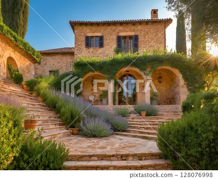 Rustic Tuscan Villa with Stone Steps and Lush Garden at Sunset. for travel magazines, luxury real estate listings, website banners 128076998