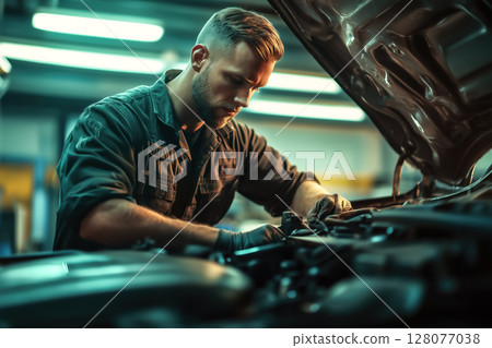 A car mechanic technician repairs a car in an auto repair shop, tools in hand and focused on the work. The concept of expertise, maintenance, and the essential role of mechanics in vehicle care. 128077038