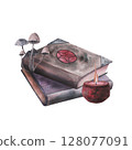 Witch's magical book with pentagram, red wax candle, mushrooms isolated on white. Watercolor hand drawn dark fantasy sketch illustration. Art design mystical halloween witch decoration greeting card 128077091