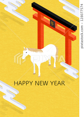 Japanese style New Year's card for the Year of the Horse 2026, simple isometric illustration of a horse and a torii gate Japanese style New Year's card for the Year of the Horse 2026, simple isometric illustration of a horse and a torii gate 128077574