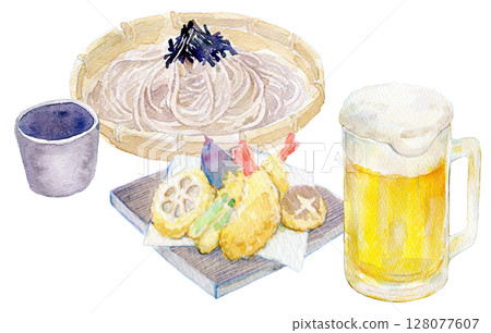 水彩插圖、手繪插圖、天婦羅蕎麥麵和啤酒套裝 128077607