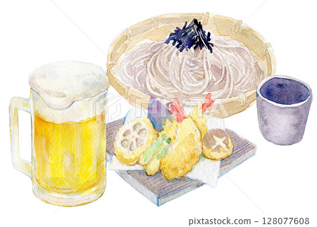 水彩插圖、手繪插圖、天婦羅蕎麥麵和啤酒套裝 水彩插圖、手繪插圖、天婦羅蕎麥麵和啤酒套裝 128077608