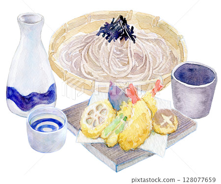 水彩插圖、手繪插圖、天婦羅蕎麥麵和清酒套裝 水彩插圖、手繪插圖、天婦羅蕎麥麵和清酒套裝 128077659