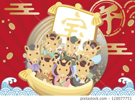 New Year's card material New Year 2026 Frame Zodiac Seven Lucky Gods Treasure Ship Year of the Horse Horse Cute Design Illustration New Year's card material New Year 2026 Frame Zodiac Seven Lucky Gods Treasure Ship Year of the Horse Horse Cute Design Illustration 128077751