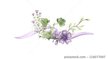 Watercolor Botanical Ribbon composition with Purple Flowers 128077897