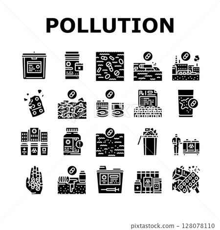 pharmaceutical pollution icons set vector 128078110
