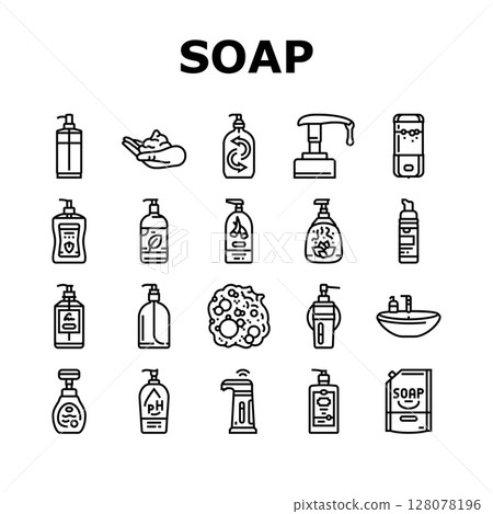 liquid soap cleanser hygiene icons set vector liquid soap cleanser hygiene icons set vector 128078196