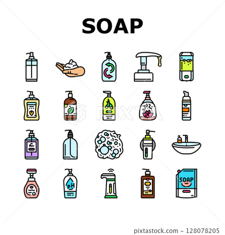 liquid soap cleanser hygiene icons set vector 128078205