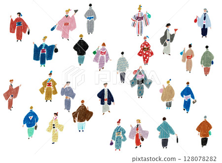手繪插圖：穿著和服行走的人 128078282